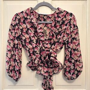 Zara Floral Wrap 3/4 Sleeve Ruffle Top, size S